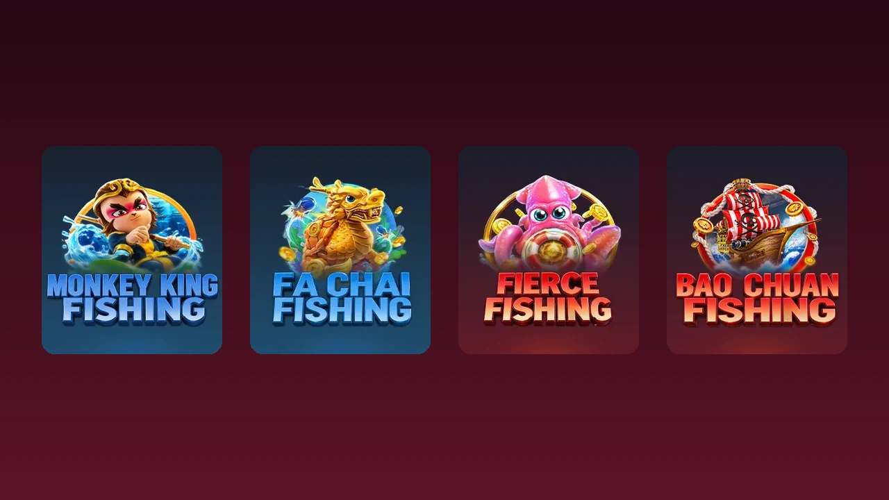 Monkey King Fishing၊ Fa Chai Fishing၊ Fierce Fishing နှင့် Bao Chuan Fishing ဂိမ်းကတ်လေးခုကို ရဲနီရောင်နောက်ခံပေါ်တွင် ပြထားသည့်ပုံ