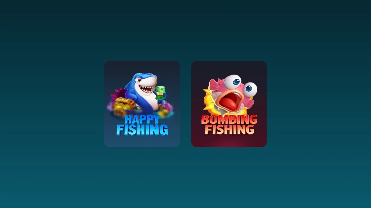 Happy Fishing နှင့် Bombing Fishing ဂိမ်းကတ်နှစ်ခုကို စိမ်းပြာရောင်နောက်ခံပေါ်တွင် ဘေးချင်းယှဉ်ပြထားသည့်ပုံ