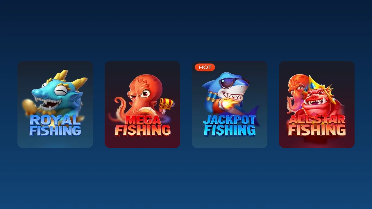 Royal Fishing၊ Mega Fishing၊ Jackpot Fishing နှင့် All-star Fishing ဂိမ်းကတ်လေးခုကို အပြာရောင်နောက်ခံပေါ်တွင် တန်းစီပြထားသည့်ပုံ